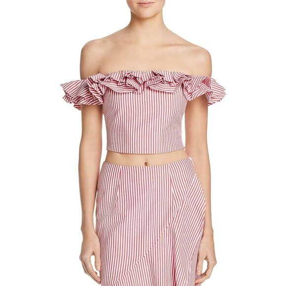 SMALL EUC Wayf Anzio Off Shoulder Red White Stripe Ruffle Crop Top - Picture 6 of 12